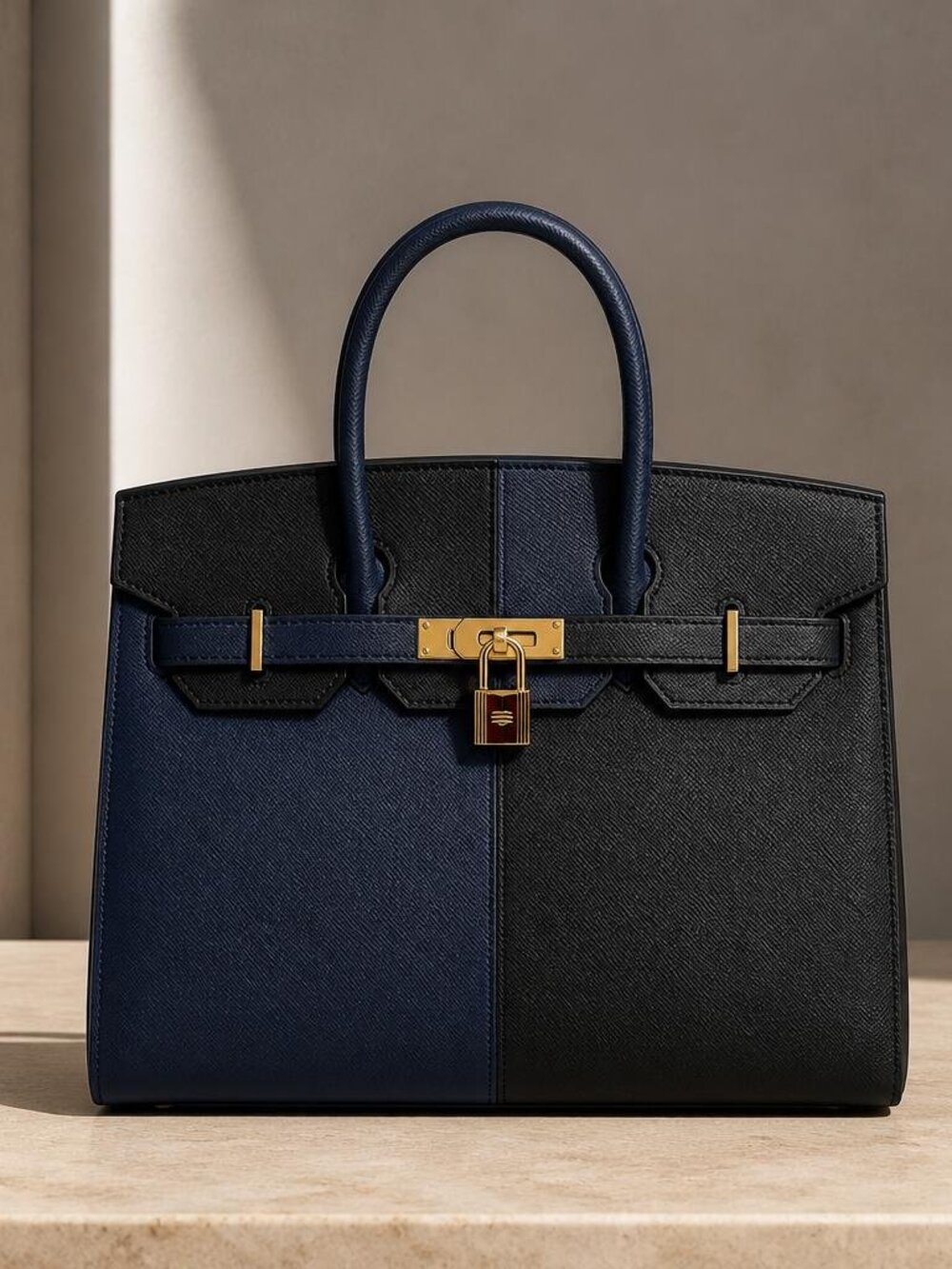 Famous Brand, Genuine Leather Custom Designer Handbag (Blue and Black)